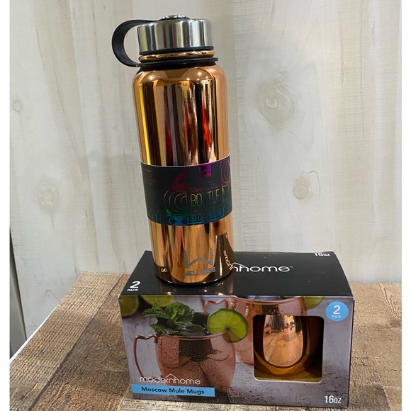 New With Tags Large Stainless Steel Bottle With Set of Moscow Mule Cups - Picture 1 of 8